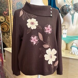 Acrylic Alfred Dunner Brown Cowl Neck Sweater with Pink & Cream Floral Appliqué